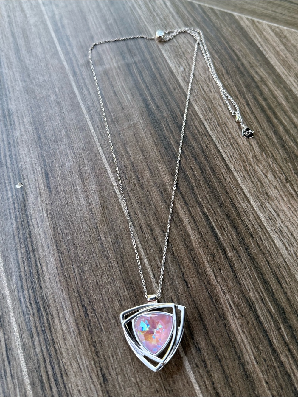Touchstone Crystal Silver Necklace with Pink Iridescent Triangle Pendant
